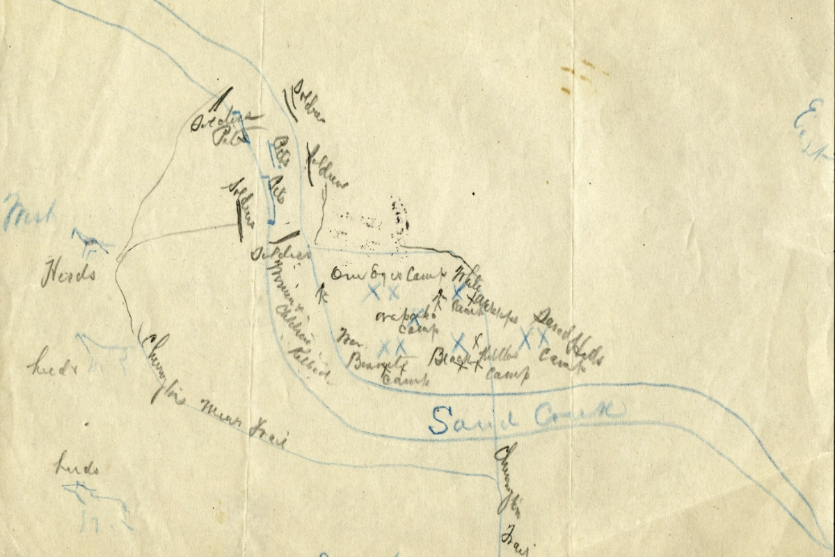George Bent's hand-drawn map of the Sand Creek Massacre, showing the Cheyenne and Arapaho village, the sandpits and the movements of Colorado troops.