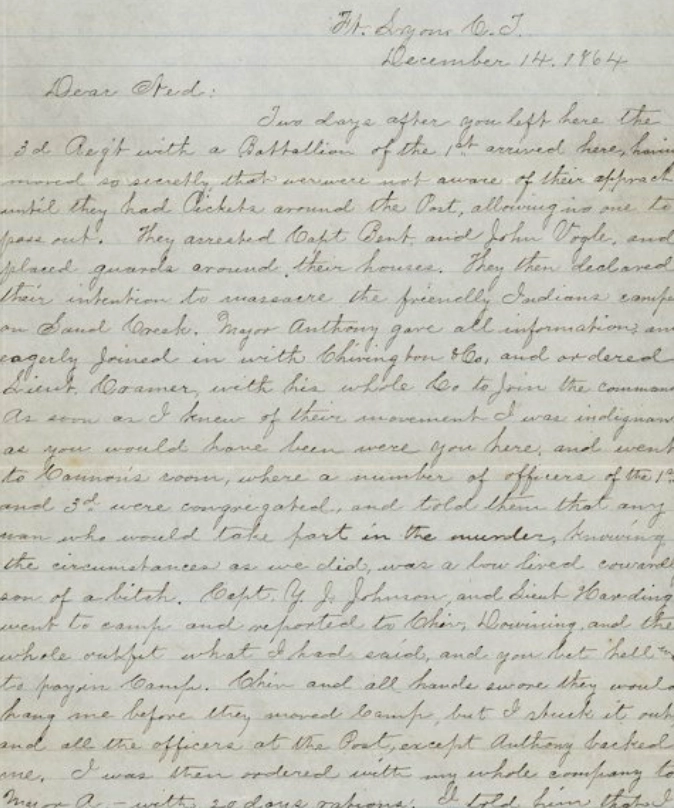 Handwritten Dec. 14, 1864 letter from Capt. Silas Soule to Maj. Edward Wynkoop describing what he saw at Sand Creek