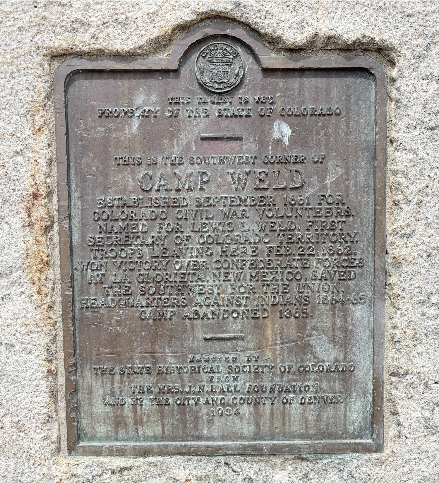 1934 Camp Weld historical marker at Eighth Avenue and Vallejo Street in Denver