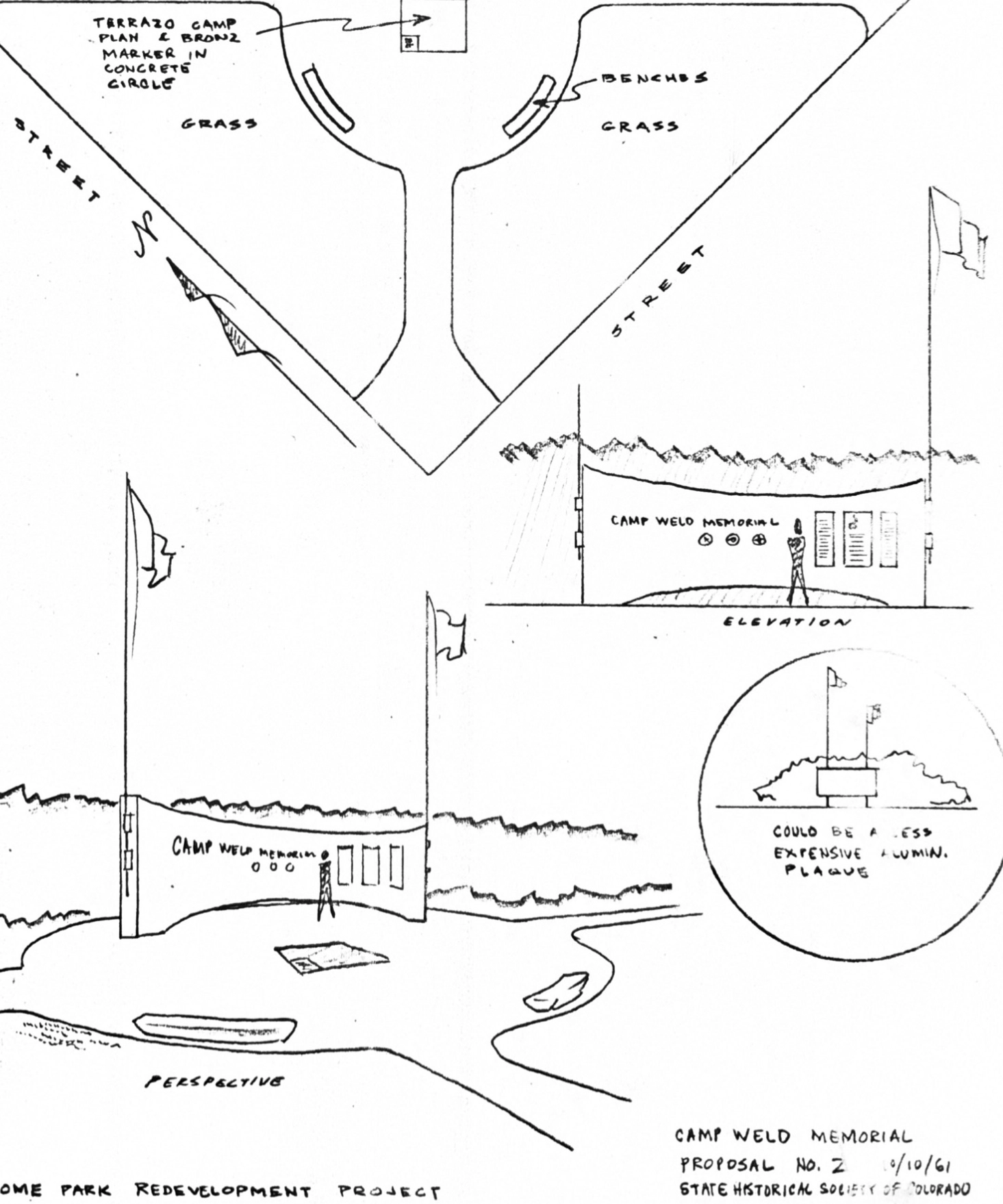 Archival sketch for the proposed Camp Weld memorial in Denver