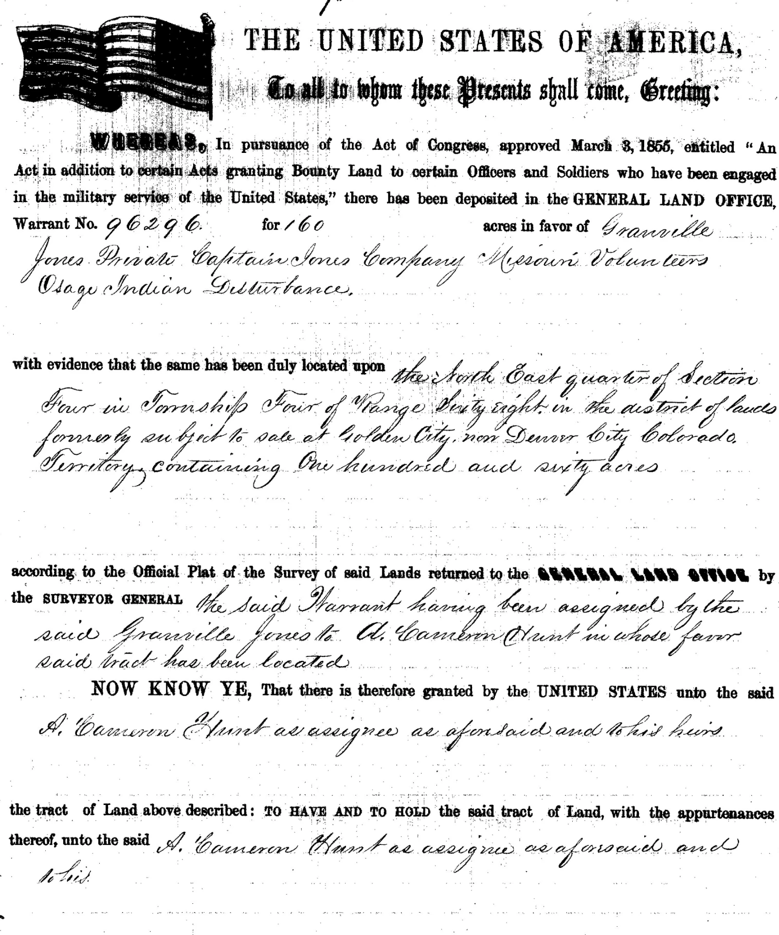 Federal bounty-land warrant document assigned to A. Cameron Hunt