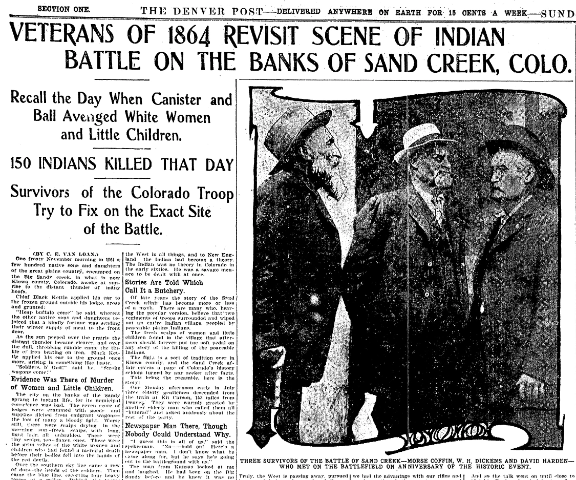 1908 Denver Post newspaper clipping about Sand Creek veterans returning to the massacre site